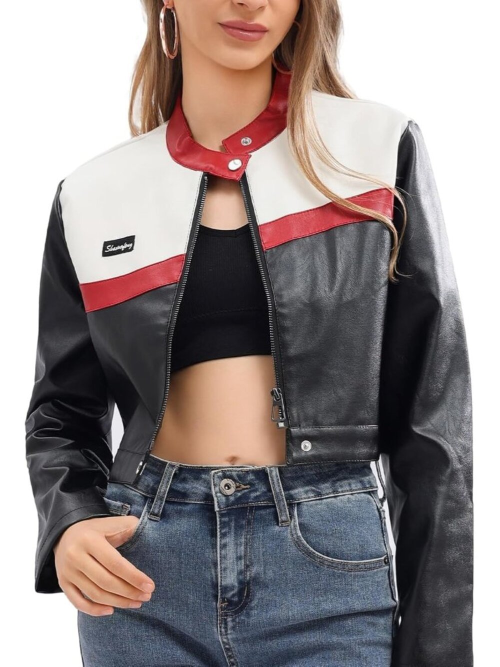 Chic Women's Cropped Faux Leather Moto Jacket - Stylish Biker Bomber Coat